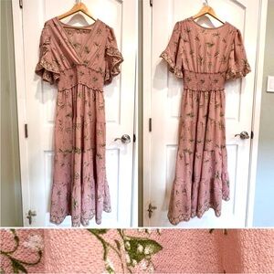 Max Studio Flowy Maxi Dress size medium Pink Floral delicate sleeves